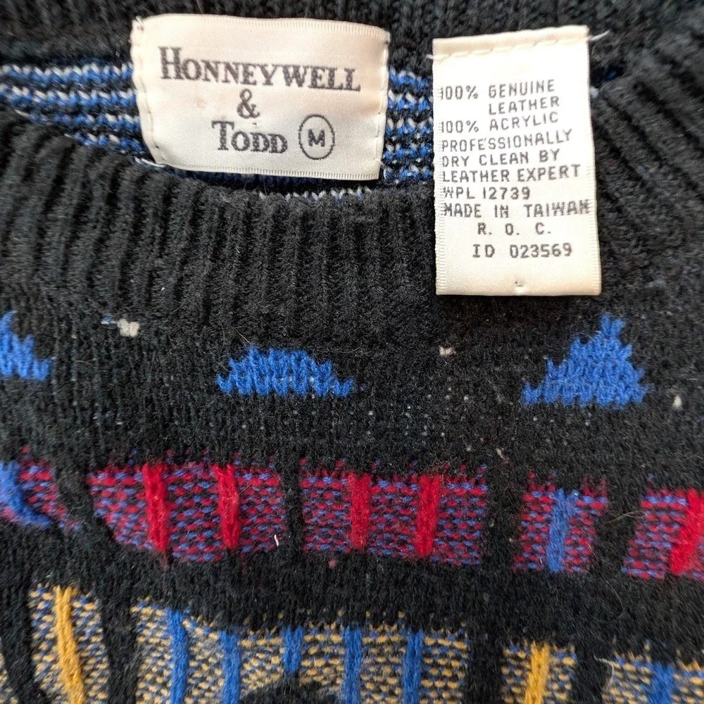 Vintage‎ 80s 90s Graphic Knit Sweater Leather Applique Grandpacore Coogi Style M